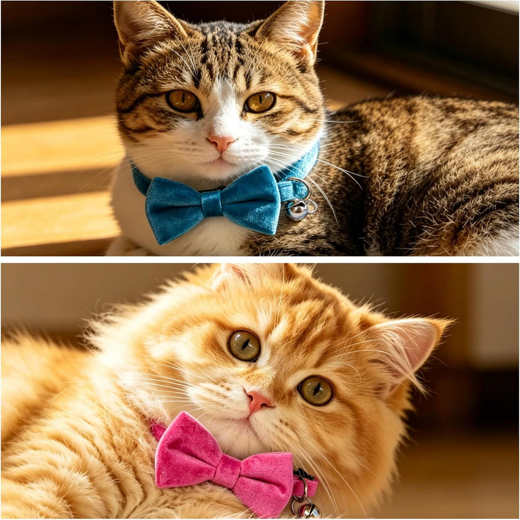 Cat Collar with Bells, Bow Tie Removable, Breakaway Safety Buckle, Soft Velvet Cute, Adjustable for Girl Boy Kitty Kitten Small Pets, 7"-10"