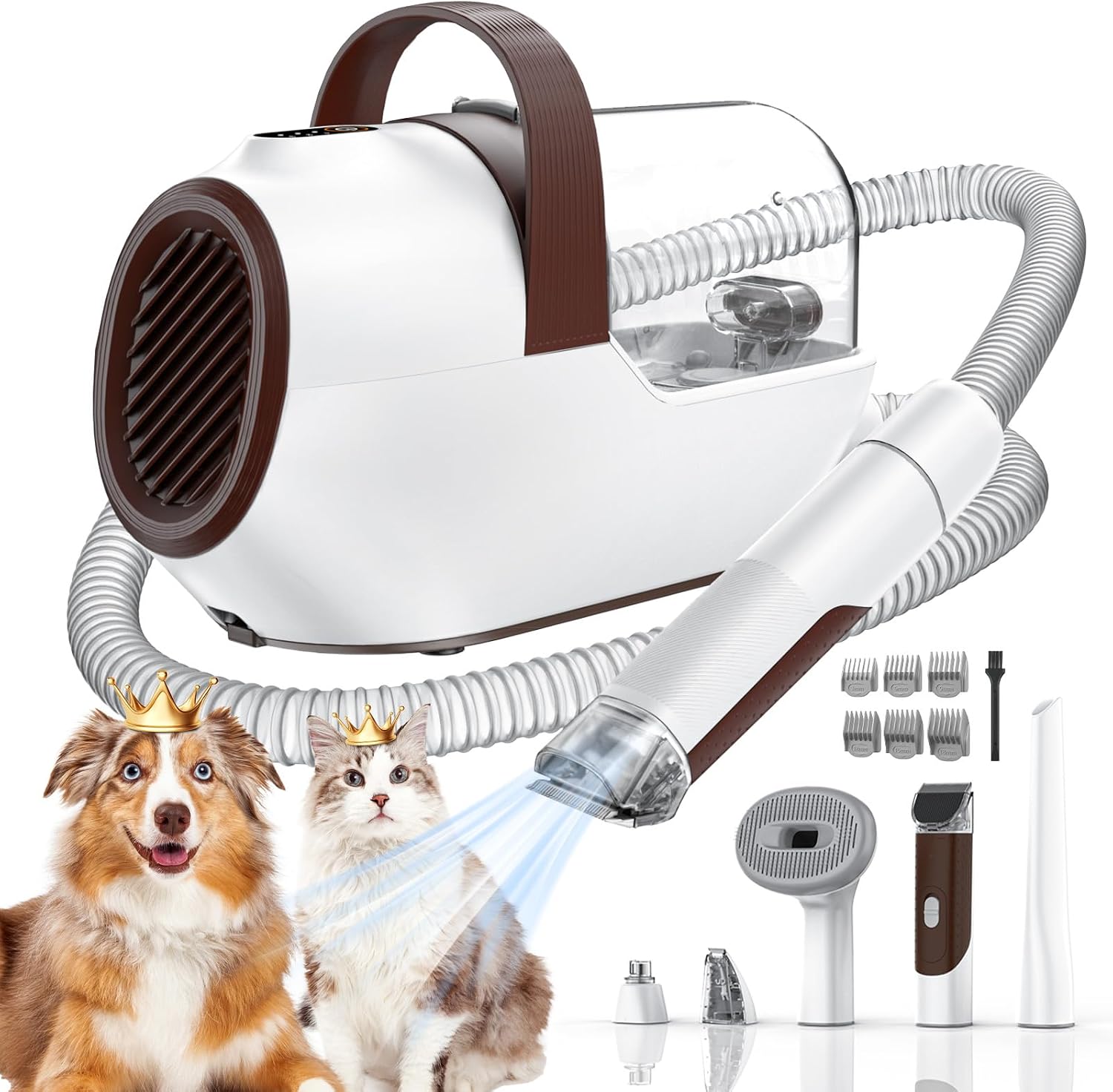 Dog Grooming Vacuum, Dog Grooming Kit with Pet Clipper Nail Grinder, 3 Suction Modes Dog Brush Vacuum with 6 Pet Grooming Tools（Nut Brown）