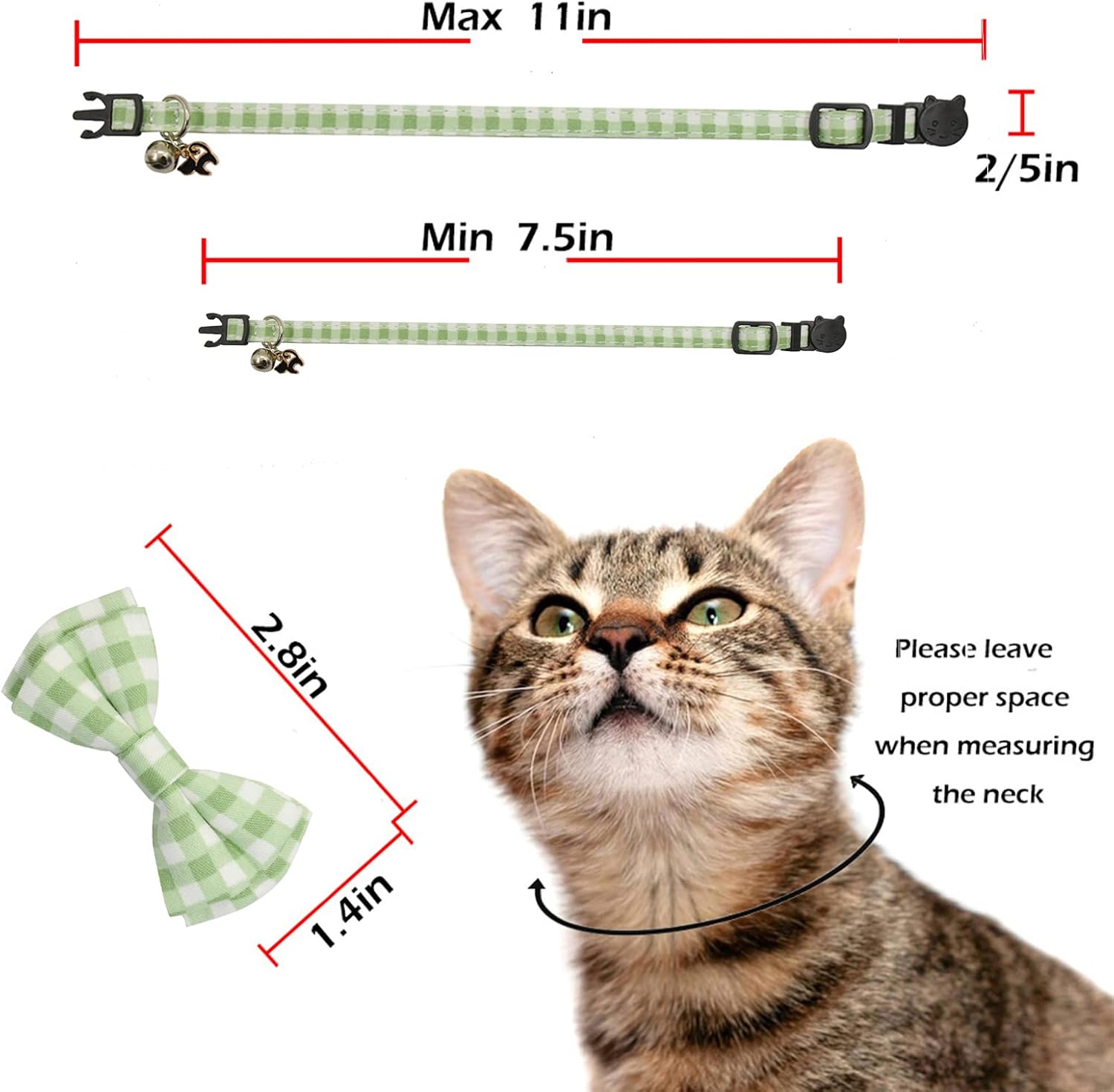 Bowtie Cat Collars Breakaway with Bell, Adjustable Cute Kitty Collars Safety Buckle Kitten Collar for Cat Puppy 7.5-11in (Green Plaid)
