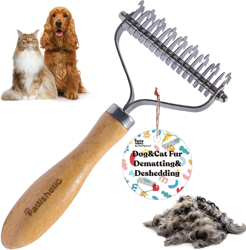 Undercoat Rake for Dogs - Professional Pet Shedding Dematting Comb with Wood Handle, Stainless Steel Blades for Pet Cats Dogs Matted Hair Tangles Removing