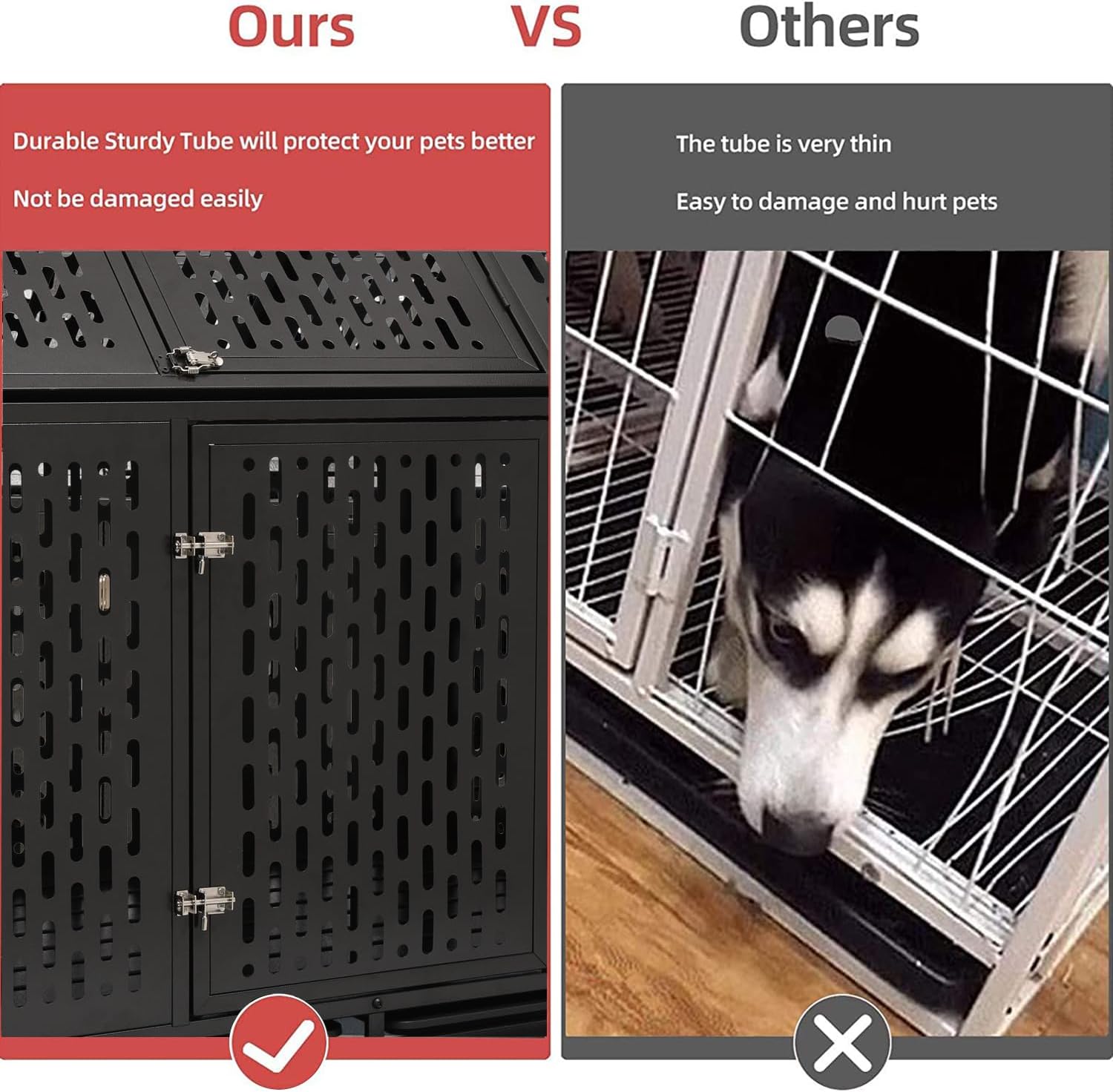 44 Inch Heavy Duty Indestructible Dog Crate with Wheels, Steel Escape-Proof Indoor Double Door High Anxiety Cage, Durable Chew-Proof Kennel with Removable Tray for Large Medium Dogs