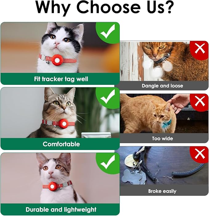GPS Tracker for Cats, Cat Tracker Collar with Safety Elastic Buckle, Compatible with Apple Find My App (Only iOS), No Monthly Fee, Waterproof (White Tracker, Red Cat Collar)