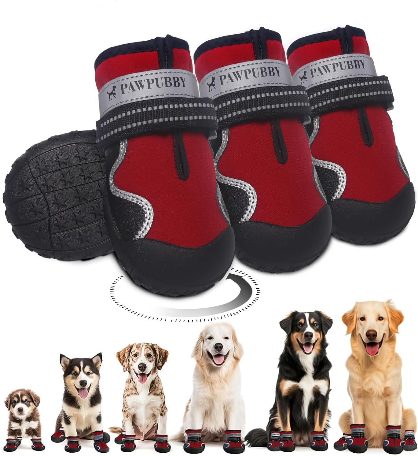 Dog Shoes for Large Dogs, Anti-Slip Waterproof Dog Boots & Paw Protectors with Full Toe Coverage Design, Dog Shoes for Hot Pavement and Winter Snow Hiking with Reflective Straps（red,3#
