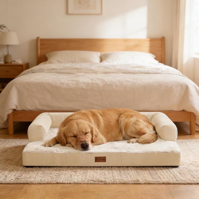 Orthopedic Dog Beds for Large Sized Dogs, Waterproof Egg Crate Foam Large Dog Couch Beds with Comfy Bolster 36x27Inch, Washable Pet Beds with Removable Cover and Nonskid Bottom, Beige