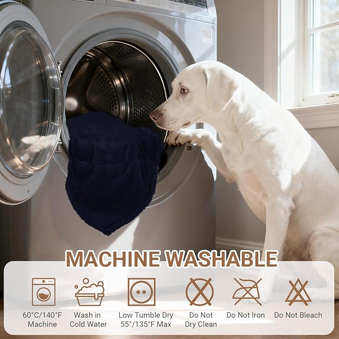 Waterproof Dog Blanket for Large Dogs - Reversible Washable Pet Blanket, Soft Sherpa Fleece Furniture Protector, Cat Throw Bed Couch, Navy, 60"x80"