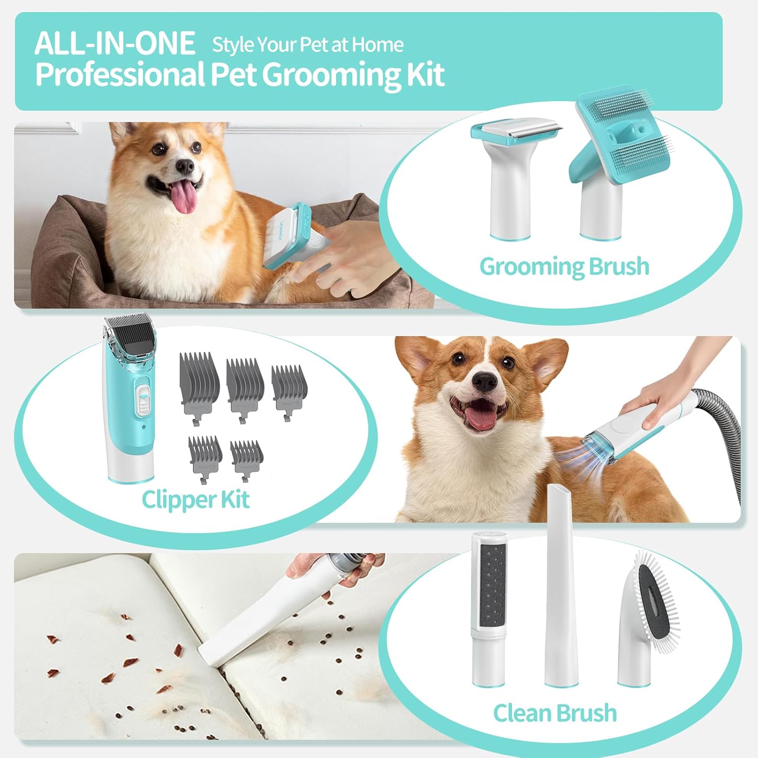 Dog Grooming Clippers Vacuum Kit - 11000PA Suction Powerful Dog Hair Vacuum - 6 in 1 Low Noise Cat Shedding Brush Trimmer Tool with 1.5L Dust Cup for Cleaning Pet Hair (6 Accessories)