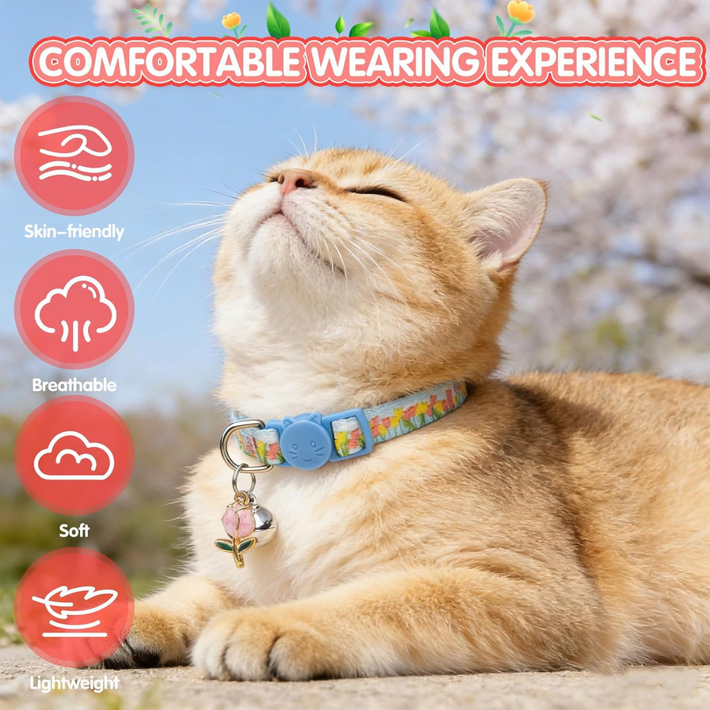 Flower Cat Collar Breakaway with Bells 3 Pack, Adjustable Soft Cute Cat Collars with Fruit Pendant for Spring Summer, Safe Floral Kitten Collar for Girl Boy Cats Pet Decoration Accessories