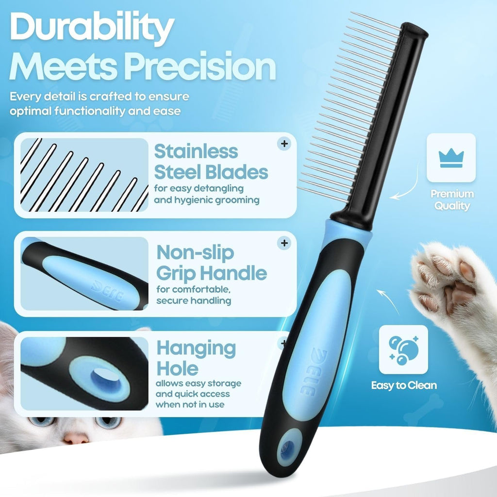 Flexzion Metal Dog Comb for Grooming and Dematting, Blue Soft-Grip Handle | Detangling Pet Comb for Dogs and Cats with Rounded Stainless Steel Teeth and a Non-Slip Grip