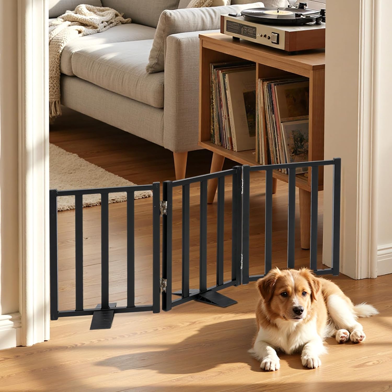 Snagle Paw Freestanding Short Dog Gate, 16.5" Tall, 3-Panel, Black | Up to 36 in wide, foldable, easy step-over, stable feet, for small dogs, doorways, stairs and kitchens