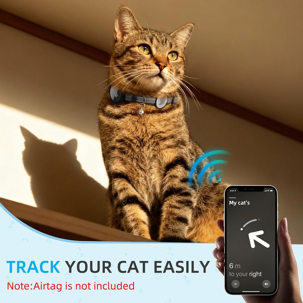 Airtag Cat Collar Breakaway with QR Code Name Tag (Black,8.5-11.5 Inch) | Reflective Kitten Collar with Apple Air tag Holde and Bell, Soft, Durable, Adjustable, Quick Release for Small Large Cat