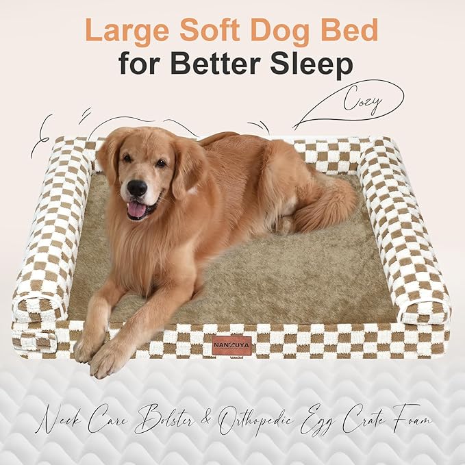 Large Dog Bed Orthopedic Washable: Beds Bolster XL Bed Medium Large Dogs Egg Crate Foam Couch Sofa Waterproof with Removable Cover - Brown Grid