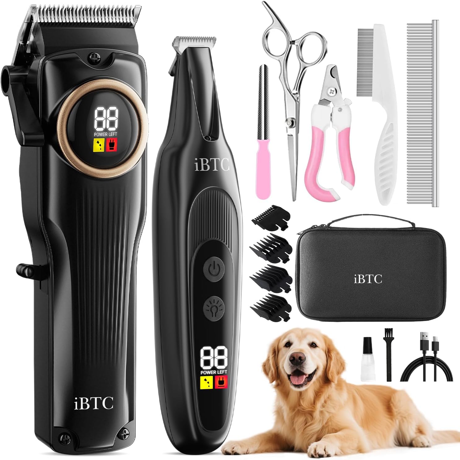 iBTC Professional Dog Grooming Clippers Kit, Low Noise Cordless Rechargeable Pet Hair Trimmer with Paw Trimmer & Nail Grinder, Heavy Duty Grooming Tools for Thick Fur Small Medium Large Dogs Cats