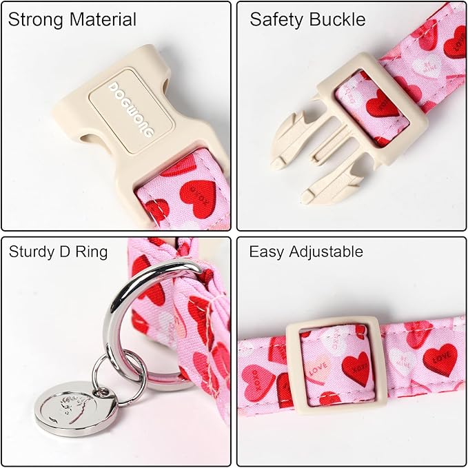 DOGWONG Valentine's Dog Collar - Pink Heart Adjustable Cotton Heart Dog Collar - Perfect for Small, Medium, Large Dogs