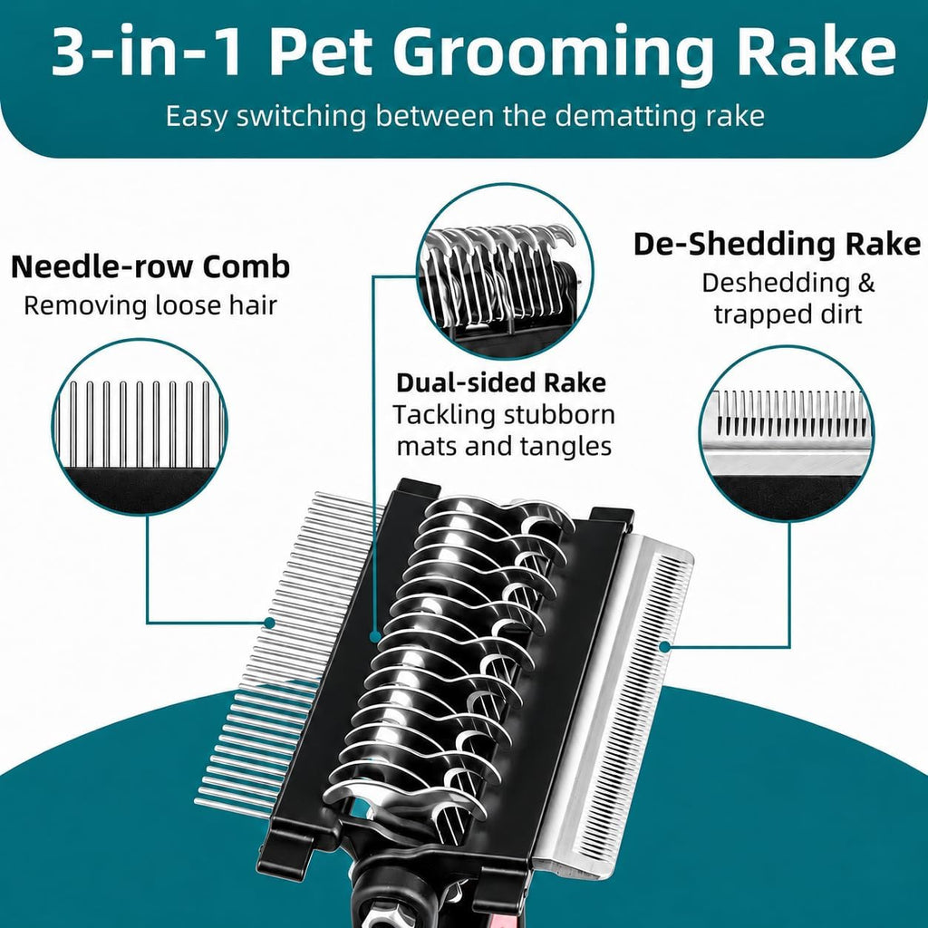 3-IN-1 Pet Grooming Tool - Undercoat Rake, Dematting Comb & Deshedding Brush for Cats, Dogs, Horses - Removes Mats, Tangles & Loose Fur, Reduces Shedding & Prevents Hair Mess (Blue)