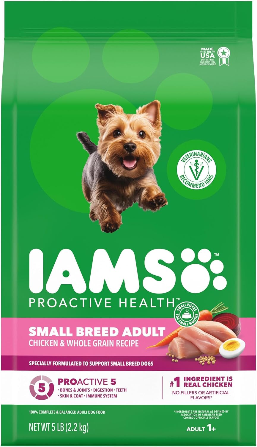 IAMS Proactive Health Small Breed Dry Dog Food, Chicken & Grain, 5 lb | Real Chicken #1 Ingredient, Small Kibble for Small Mouths, Natural Fiber & Prebiotics, No Fillers or Artificial Flavors