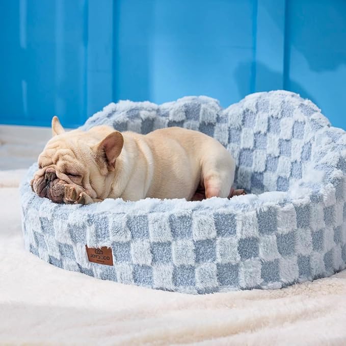 Joydeco Cloud Dog Bed for Small Dogs & Cats, Washable Pet Bed with Orthopedic Foam and Removable Checkered Plush Pad, Non-Slip Bottom for Indoor Puppies and Kittens, 22x20 Inch, Light Blue