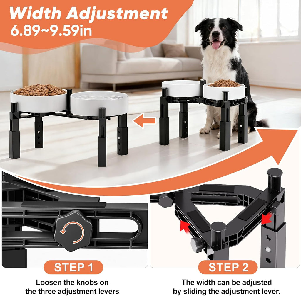 XIAZ Dog Bowl Stand Elevated Food Water Bowl Holder for Large Medium Small Sized Dog, Heights&Width Adjustable, Non-Slip, Durable, Elevated Feeding Bowl Stand for All Dogs Bowls 2PCS