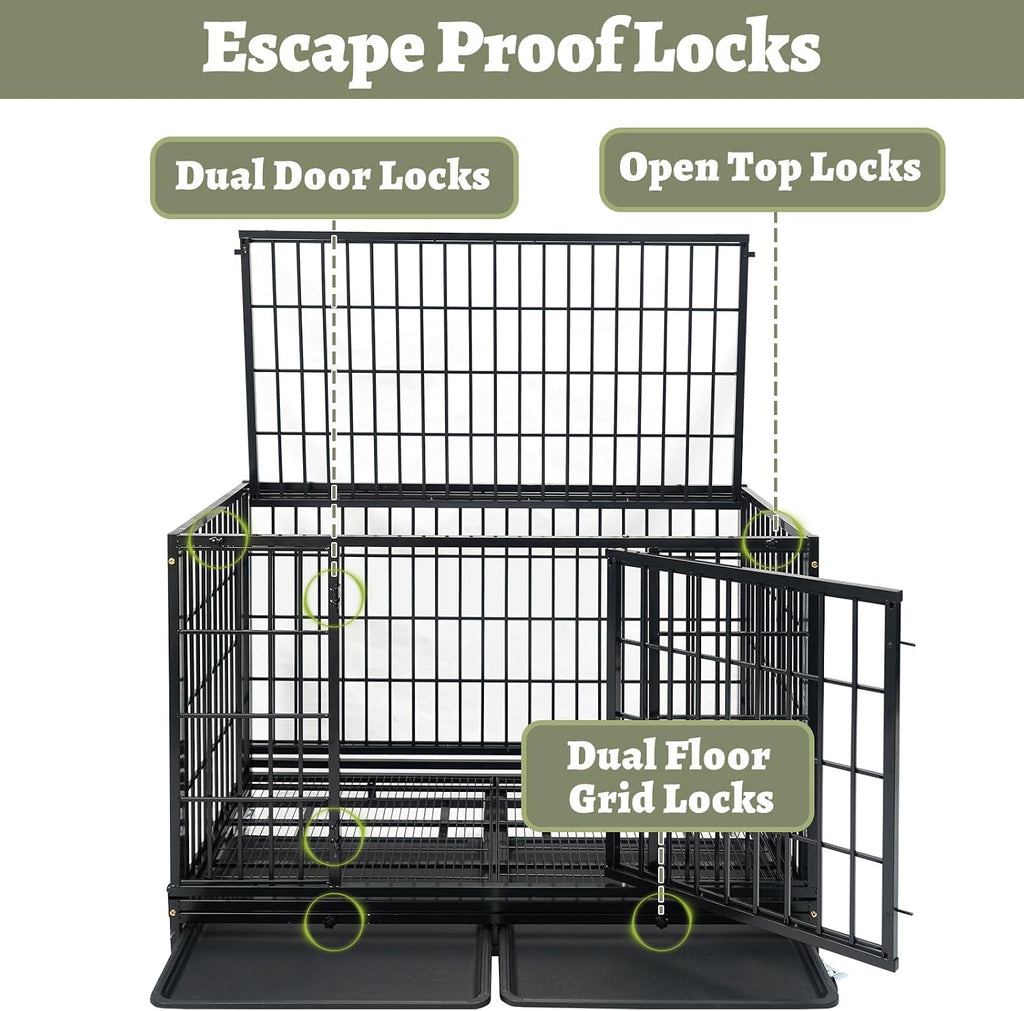 Heavy Duty Large Dog Crates for Large Dogs with Wheels, 47 Inch Metal Wire Stackable Dog Crate Cage with 2 Removable Trays, Multi Locks, Chew Proof Escape Proof Dog Kennel Indoor