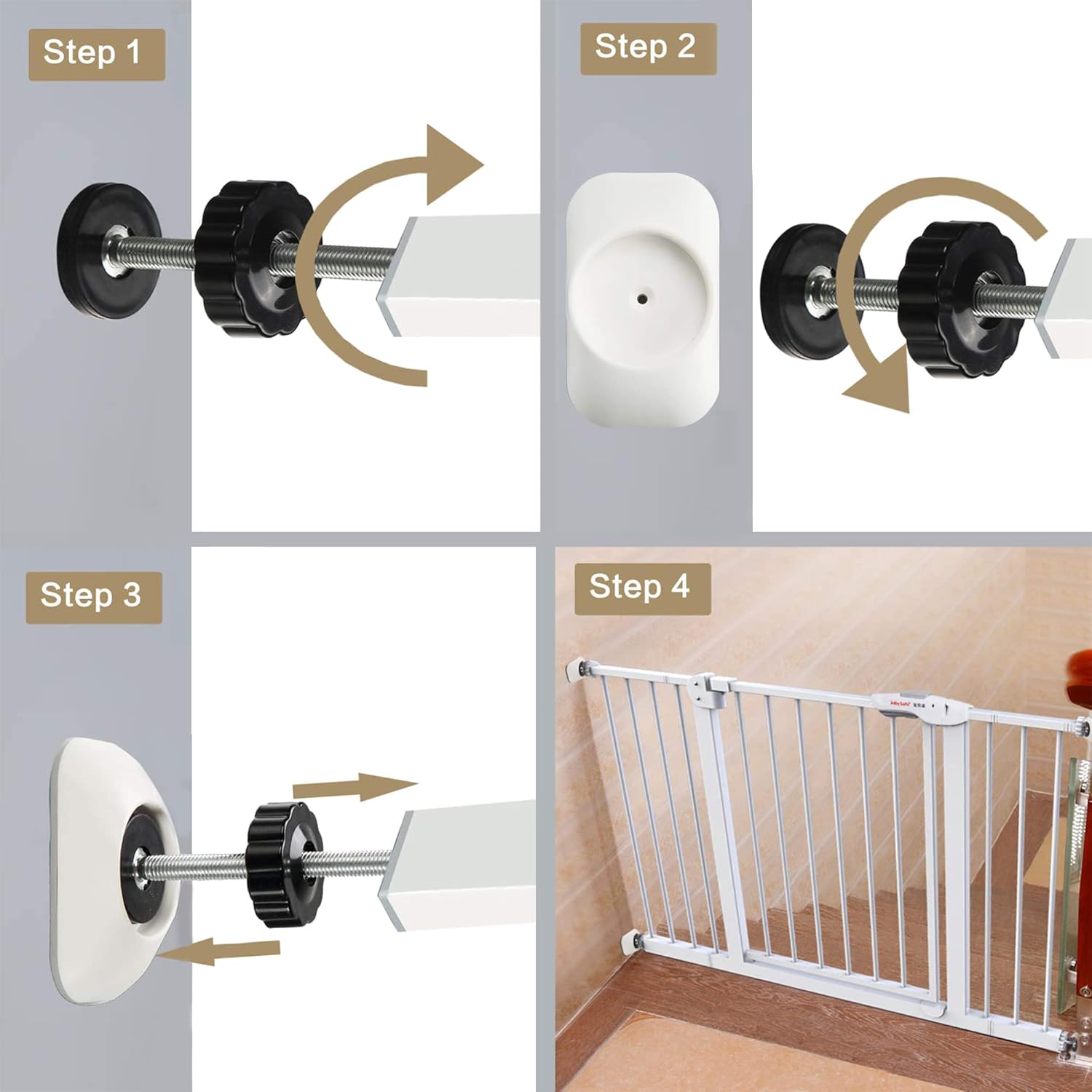 Baby Gate Extender Extention-4 Pack M8(8MM) | M8 threaded spindle rods(12cm). Includes wall protector pads. Tool-free installation for baby/pet gates. Fits most banisters.