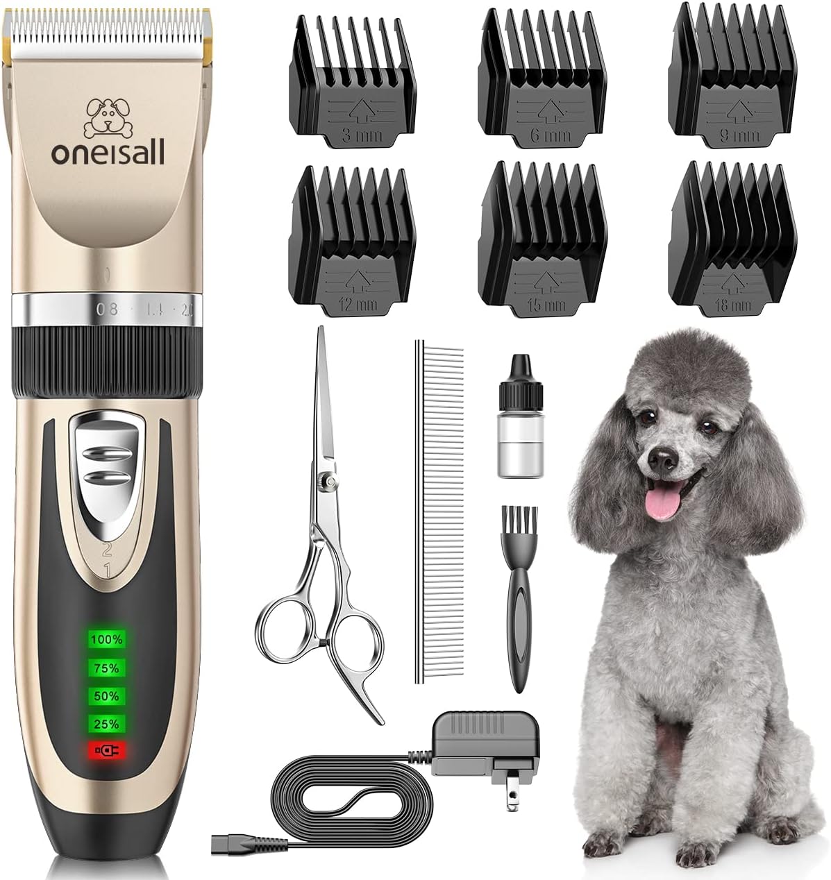oneisall Dog Grooming Clippers with LED Display for Dogs & Cats | Low Noise Quiet,2-Speed,Cordless Rechargeable,Fast Charge,Detachable,Waterproof,Battery Level Display, Model X2,Gold