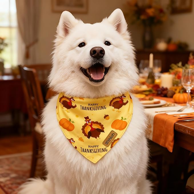 Thanksgiving Dog Bandanas with Snap Button, 2 Pack Adjustable Fall Bandanas for Small, Medium, and Large Dogs, Pumpkin Pet Scarf for Autumn Costume Accessory & Photo Shoot (X-Large)
