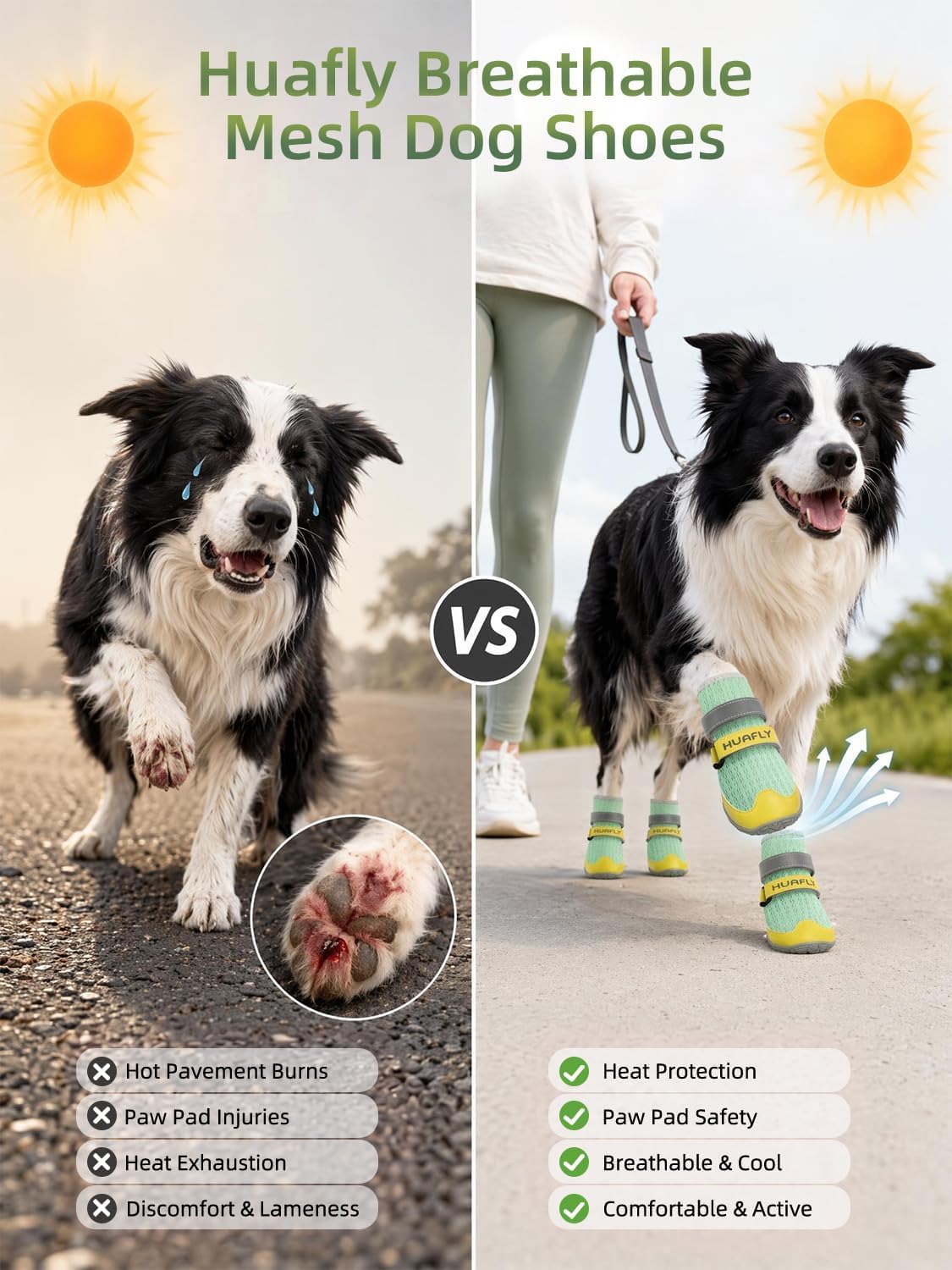 Huafly Dog Shoes for Large Medium Small Dogs,Adjustable Reflective Mesh Breathable Boots & Paw Protectors for Hot Pavement Summer,Anti-Slip Booties for Hard Floors Walking Running Hiking (Size 6)