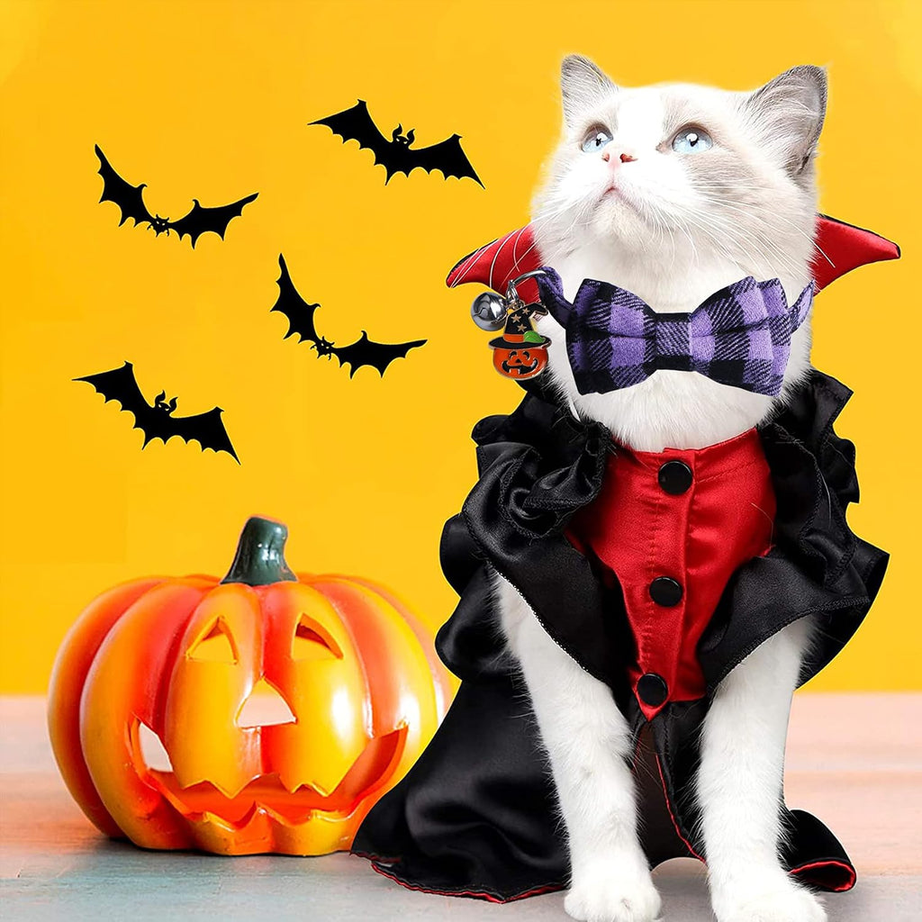 STMK 2 Pack Halloween Plaid Cat Collars with Bow Tie Bell, Breakaway Adjustable Pumpkin Cat Kitten Collars with Bowtie Bell for Halloween Cats Kittens Costume Decorations