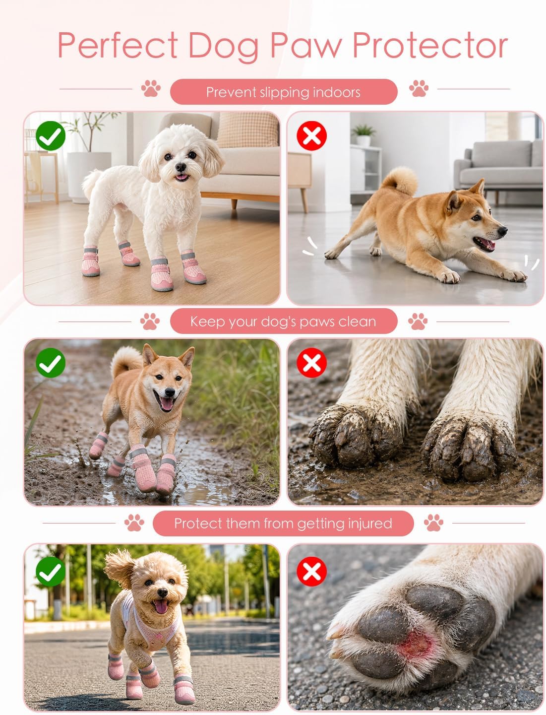 BECEMURU Dog Shoes for Summer, Double-Straps Anti-Slip Dog Boots & Paw Protectors for Hot Pavement, Breathable & Light Weight Outdoor Walking Hiking Pink Size 1