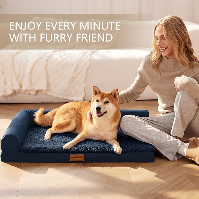 Patas Lague Orthopedic Jumbo Dog Bed for Extra Large Dogs 56''X40'', Waterproof L Bolster Pet Sofa Beds with Removable Washable Cover, Soft Comfortable Pet Couch Crate Mat with Nonskid Bottom, Navy