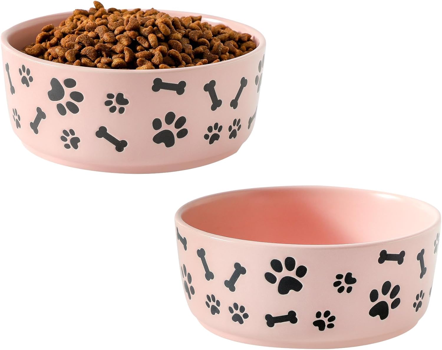 UBEE Ceramic Dog Bowl Set of 2, 5.5 inch Dog Food Bowl Dish with Bone Paw Pattern, Pet Food Water Dish Feeding Plates for Small Dogs, Puppy and Cat, Pink