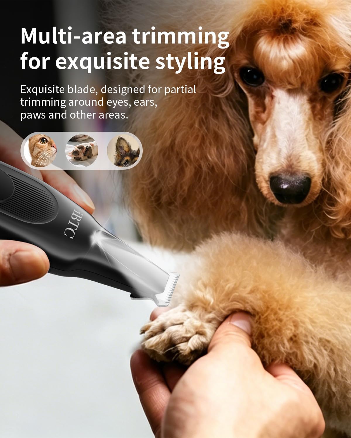iBTC Professional Dog Grooming Clippers Kit, Low Noise Cordless Rechargeable Pet Hair Trimmer with Paw Trimmer & Nail Grinder, Heavy Duty Grooming Tools for Thick Fur Small Medium Large Dogs Cats
