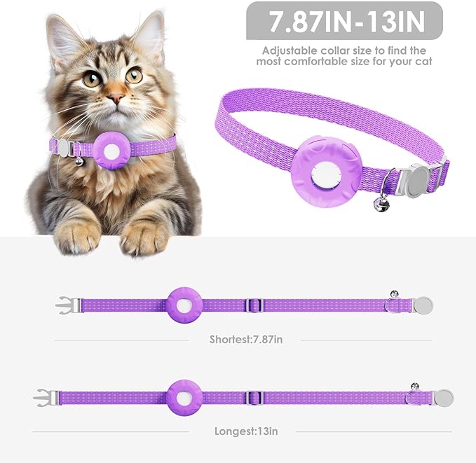 Smart Cat GPS Tracker, Cat Tracker Compatible with Apple Find My App (Only iOS), No Monthly Fee, Waterproof (White Tracker, Purple Cat Collar)