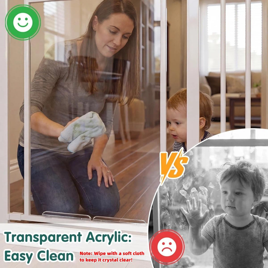 Triple-Lock Acrylic Extra Wide Baby Gate 66.95"-74.8", Crystal Clear Transparent Pet Gate for Dogs, Heavy Duty Metal Gate for Doorways, Pressure Mount Child Safety Barrier, Auto Close, White