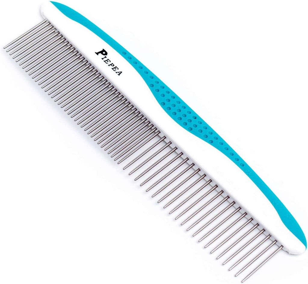 Pet Comb for Dogs and Cats, Stainless Steel Teeth Detangling Grooming Comb | Pets Hair Dematting Deshedding Brush, 7 1/4", Wide & Narrow Teeth, Non-Slip Handle, Remove Tangles, Mats, Knots & Loose Fur