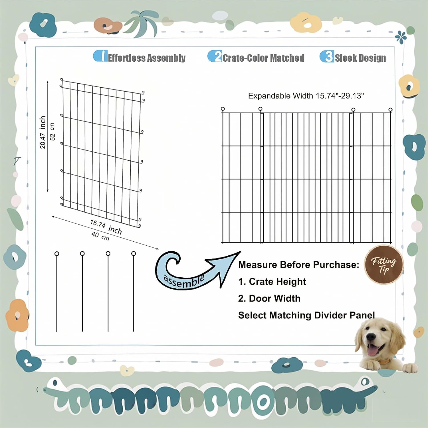 Dog Crate Divider Panel 2-Pack, 20.47" H x 15.74-29.13" W, Glossy Black | Fits many wire crates, measure interior & door opening first, 20.47"H x 15.74-29.13"W glossy black metal (Crate NOT Included)