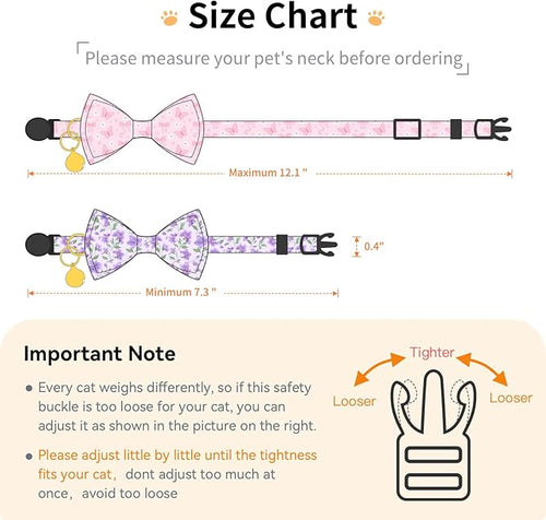 2 Pack Cotton Cat Collar with Bow Tie and Bell for Girl Boy Cats,Cute Pink Flamingo and Blue Whale Pattern Spring Summer Breakaway Cat Collar for Male Female Cats (Butterfly&Violet)