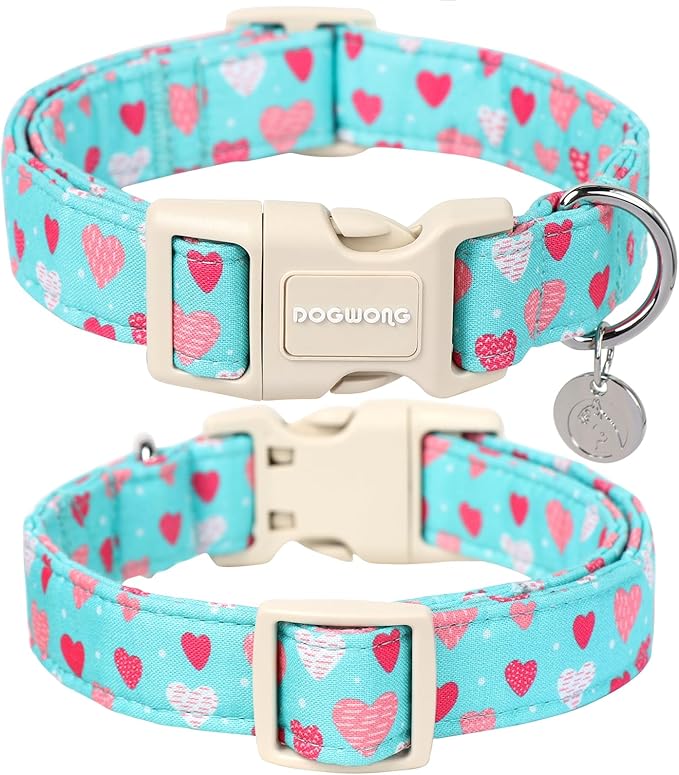 DOGWONG Valentine's Dog Collar - Blue Heart Adjustable Cotton Heart Dog Collar - Perfect for Extra Small, Small, Medium, Large Dogs