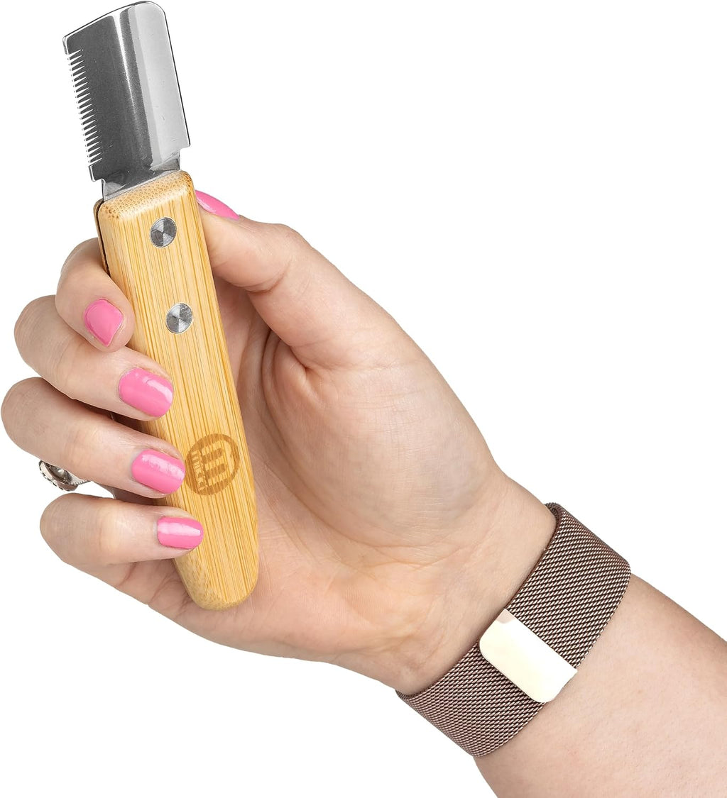 Mikki Bamboo Stripping Knife For Dog Grooming, For Stripping Overgrown Hair from Top Coat, Long Lasting Anti-Rust Blades, Easy Hold Contoured Handle, Fine Tooth for Silky Coated Dogs