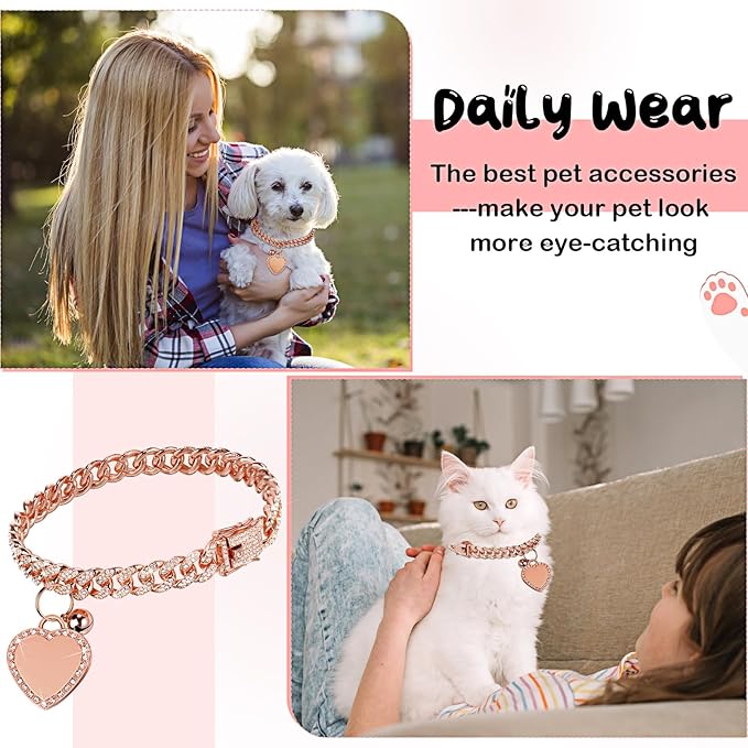 Hillban Dog Chain Gold-Plated Diamond Collar with Heart Rhinestones Jewelry Pet ID Tag Chain Bling Puppy Collar with Personalized Name Tag for Small Medium Large Dog Cat(Rose Gold,16 Inch)