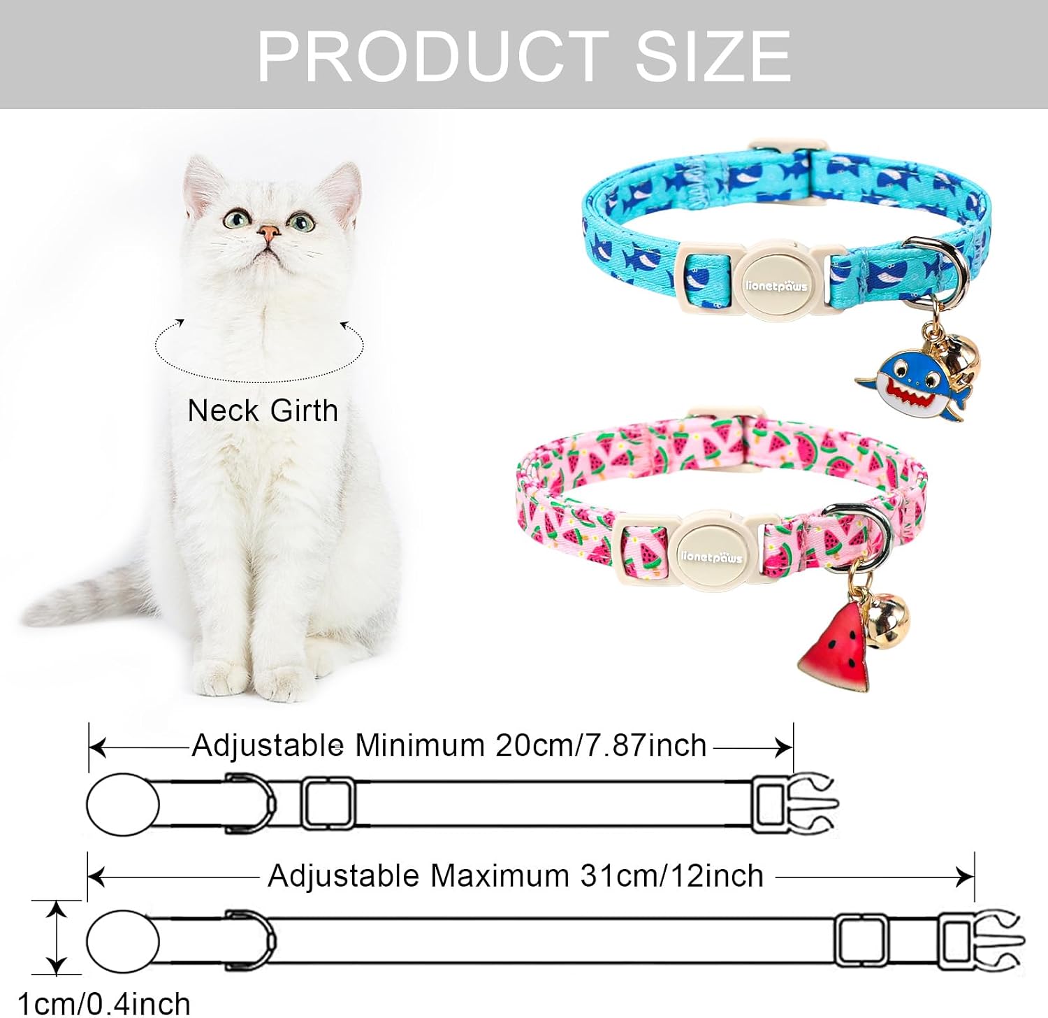 Lionet Paws 2pcs Pack Summer Cat Collar,Breakaway Buckle with Blue Shark and Pink Watermelon Pendant Cute Adjustable Cat Kitten Collar,Ideal for Girl Boy Cats