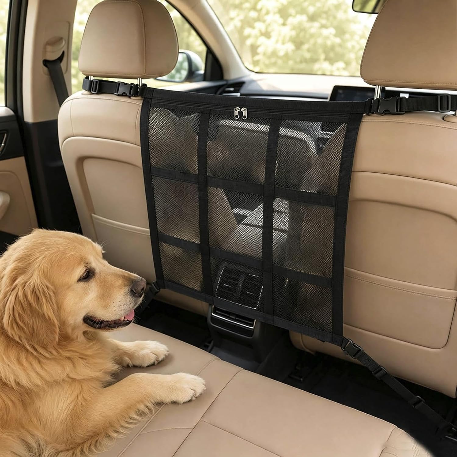 Dog Car Barrier 2026 Upgrade, Double Layer Mesh Dog Net for Car Divider with Storage Organizer, Universal Fit for SUVs, Sedans & Trucks, Easy to Install & Breathable Vehicle Travel Fence, no Storage