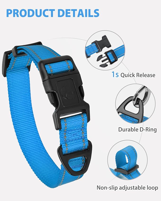 Joytale Small Dog Collar, Reflective and Adjustable Nylon Collar with Quick-Release Buckle, Lightweight No-Choke Design for Small Dogs, Sky Blue, 5/8" Width