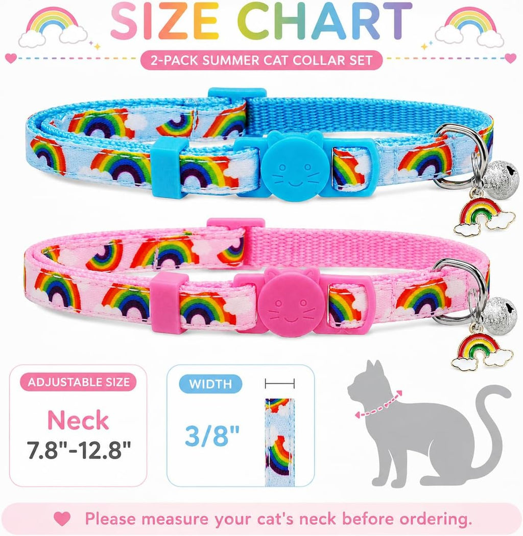 2 Pack Pride Month Cat Collar, LGPT Breakaway Kitten Collars with Bell & Rainbow Charm, Adjustable 7.8-12.8 in, Soft Summer Cat Collars for Cats Kittens