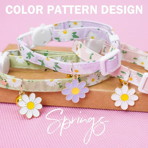 3 Pack Breakaway Cat Collars with Bell- Daisy Pendant Spring Cat Collar for Girl Boy Cats with Safety Buckle- Cute Kitten Collar Adjustable 8"-12" for Kitty Puppy Small Pets