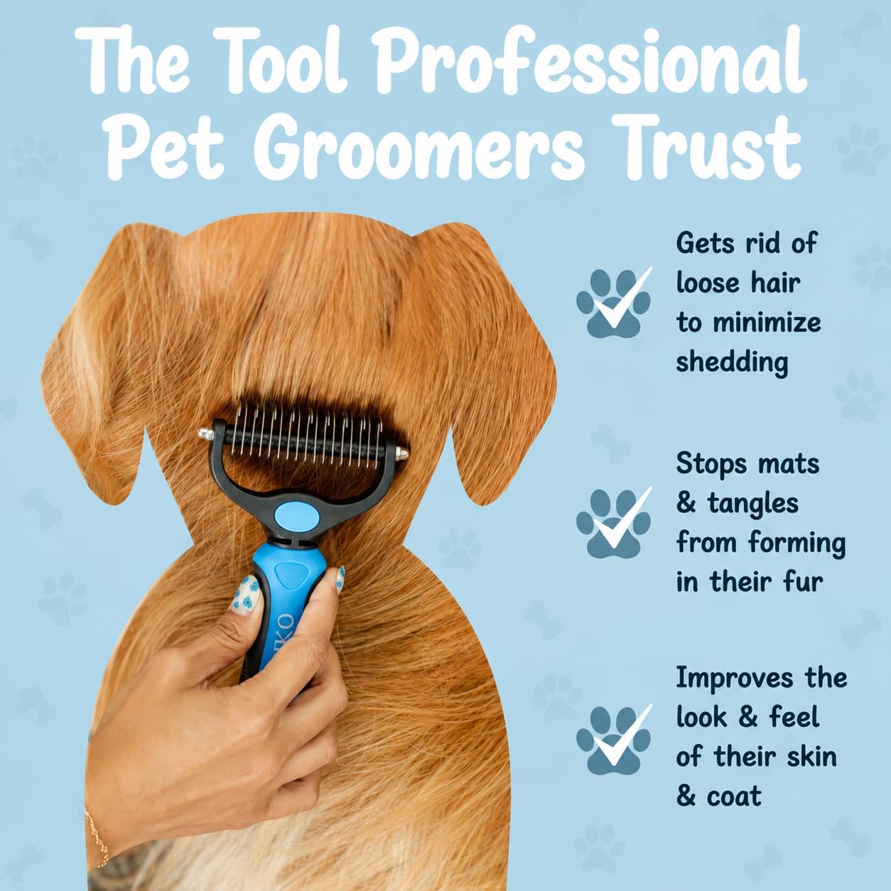 Sinko Shedding Brush For Dog and Cat, Grooming Brush with Extra Wide Double-Sided Stainless Teeth for Detangling, Deshedding, Brushing & Removing Shed Fur, Knots, Mats, and Tangles in Pets (Blue)