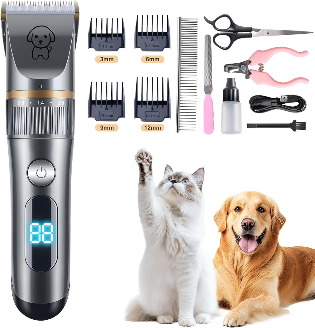 Dog Clippers Grooming Kit for Heavy Thick Coats Dog Cat Pet | Low Noise, Rechargeable Cordless, Long Battery, LCD Display, Simple for Beginners, 4 Guide Combs, IPX7 Waterproof, Detachable