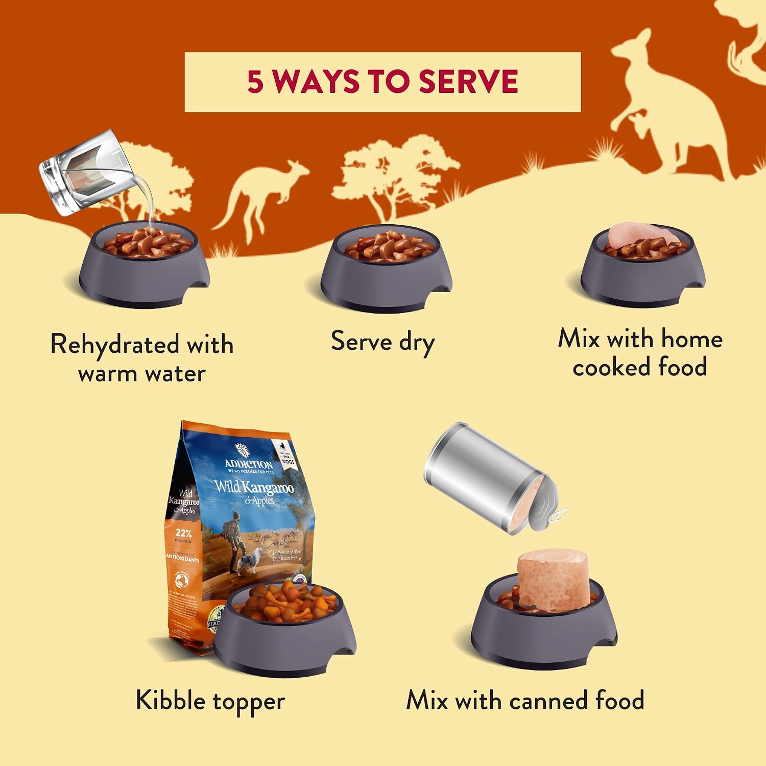 Addiction Outback Kangaroo Feast Air-Dried Grain-Free Dog Food – Complete Meal or Topper with Natural Ingredients for Digestive and Skin & Coat Health, 2lb - 4 Packs