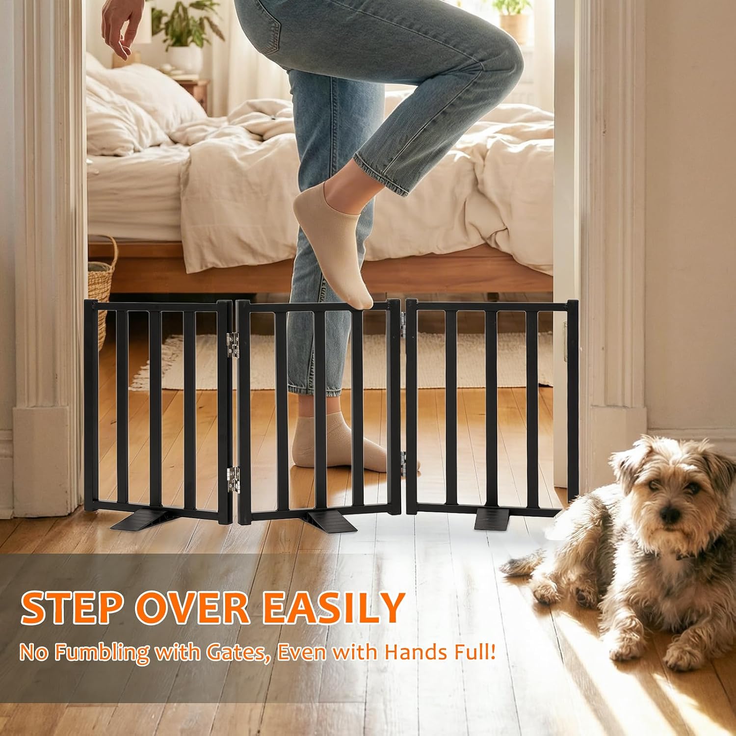 Snagle Paw Freestanding Short Dog Gate, 16.5" Tall, 3-Panel, Black | Up to 36 in wide, foldable, easy step-over, stable feet, for small dogs, doorways, stairs and kitchens