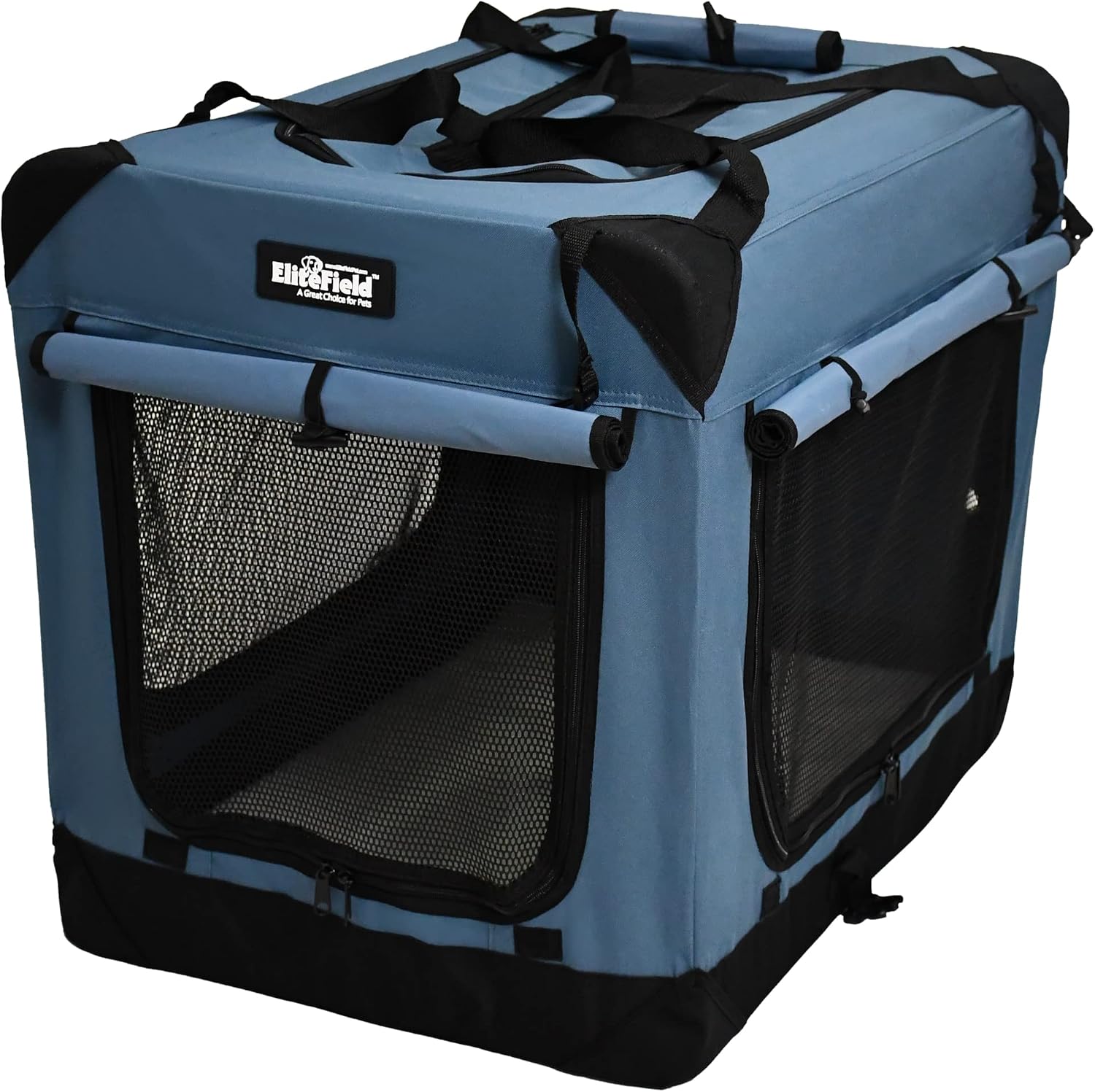 EliteField 4-Door Folding Soft Dog Crate with Curtains (2-Year Warranty) | 4 Mesh Doors, Steel Frame, Removable & Washable Crate and Bed Covers, Storage Pockets, Indoor/Outdoor, Foldable, Carrying Bag