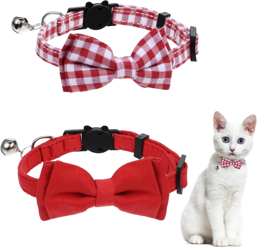 2 Pcs Red Cat Collar for Boy Girl Cats Breakaway Cat Collars with Bell Cute Christmas Kitten Bow Tie Collar Adjustable Small Puppy Safety Collar Solid Color Plaid Pet Collar